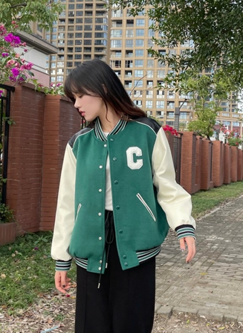 Green Leather Shoulders Baseball Jacket | Hueningkai – TXT