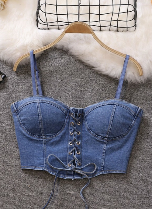 Blue Denim Lace-Up Crop Top | Olivia - Loona