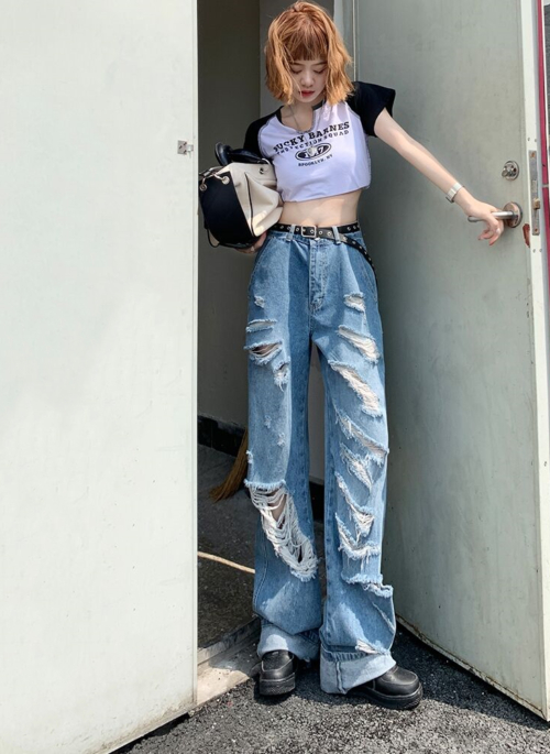 Blue Ripped High Waist Jeans | Yeji – ITZY