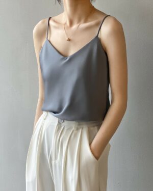 Grey Silk V-Neck Sling Camisole Top | Chaeryeong - ITZY