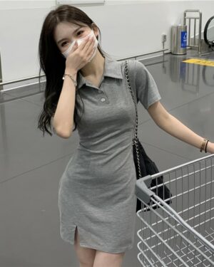 Grey Slim Fit Polo Dress | Yeri - Red Velvet