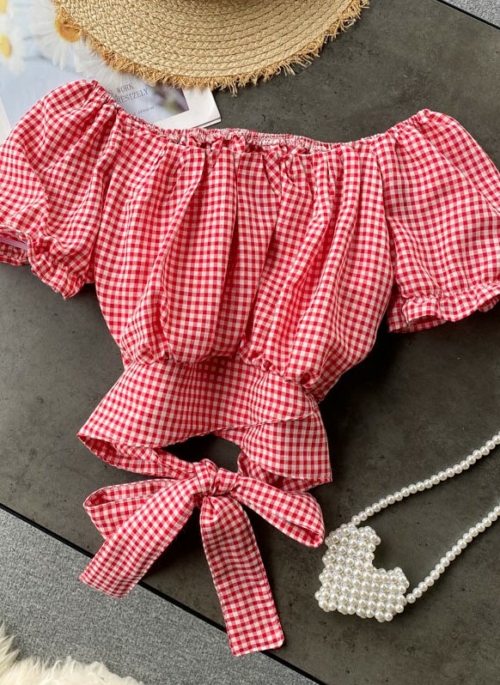 Red Gingham Puff Sleeves Crop Top | Vivi - Loona