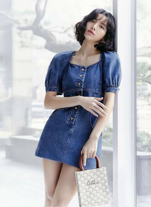 Blue Denim Puff Sleeves Dress | Lisa – BlackPink