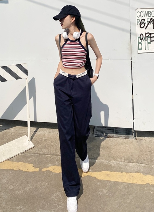 Navy Blue Folded Waist Pants | Jennie – BlackPink