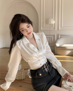 White Satin Double Breasted Suit Top | IU