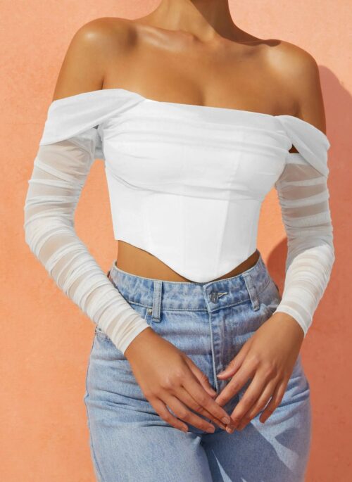 White Mesh Sleeve Corset Top | Lia – ITZY