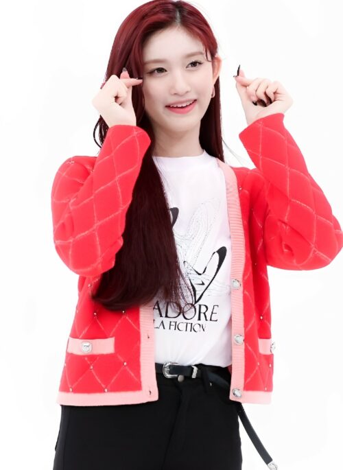 Red Diamond Pattern Rhinestone Cardigan | Leeseo – IVE