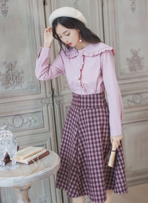 Pink Gingham Suspender Plaid Skirt