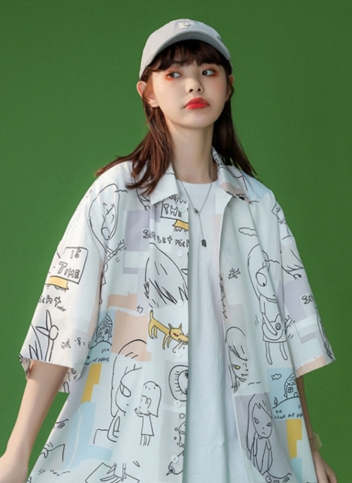 White Cartoon Print Shirt