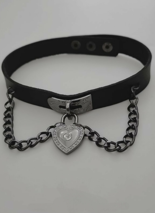 Black Heart Embellished Leather Choker | Yeojin - Loona