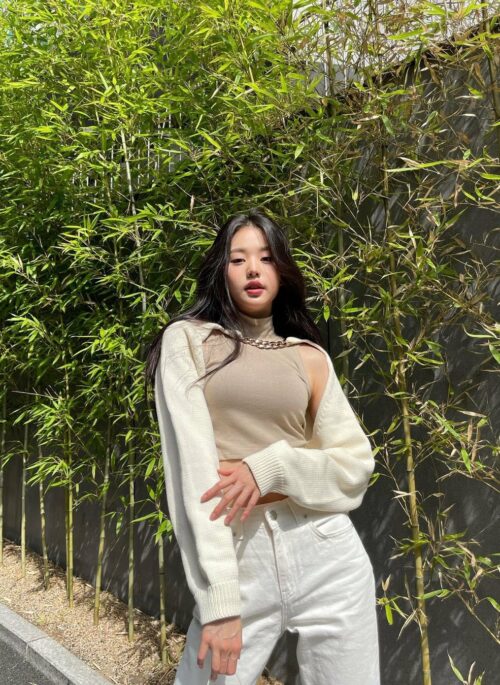 Beige Chain Bolero Sweater | Wonyoung – IVE