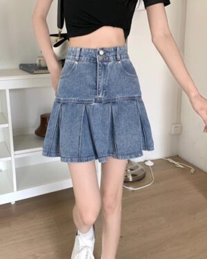 Blue Wide-Pleated Denim Skirt | Shuhua - (G)I-DLE