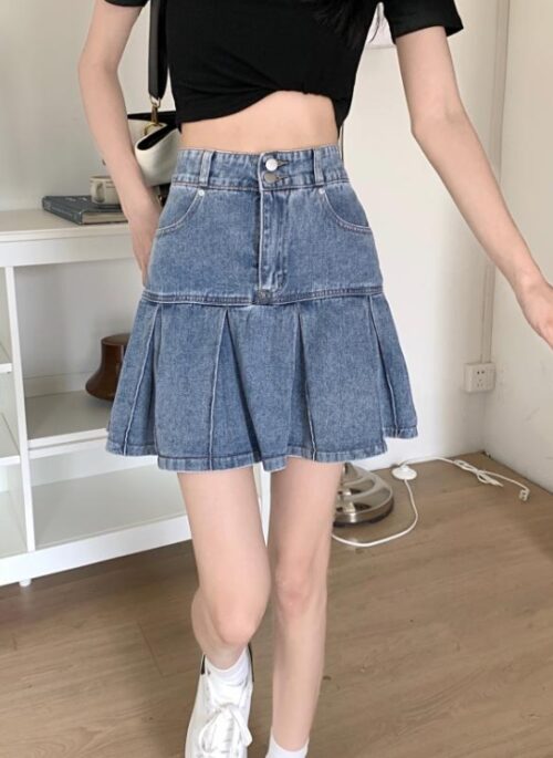 Blue Wide-Pleated Denim Skirt | Shuhua – (G)I-DLE