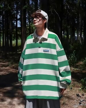 Green Retro Stripe Long Sleeve Polo Shirt | Seungmin - Stray Kids