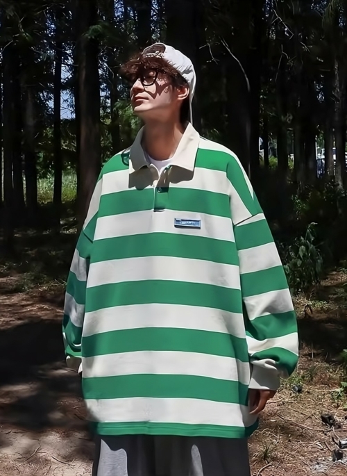 Green Retro Stripe Long Sleeve Polo Shirt | Seungmin - Stray Kids