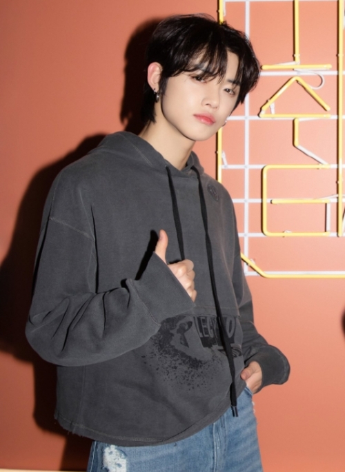 Grey Cropped Drawstring Hoodie | Yeonjun - TXT