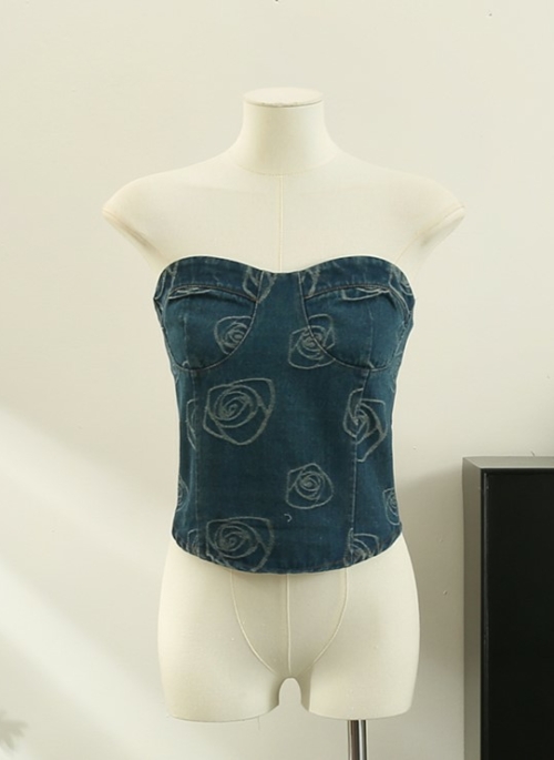 Blue Floral Bustier Denim Top | Joy – Red Velvet