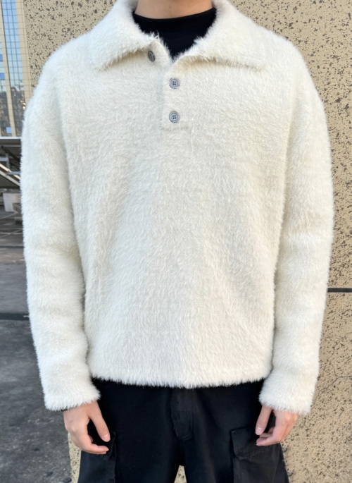 White Fluffy Collared Polo Sweater | Minho - SHINee