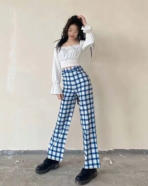 Sky Blue Tartan Straight Pants | Jennie - Blackpink