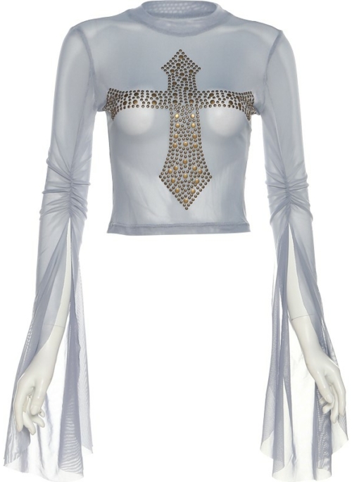 Blue Beaded Cross Mesh Top | Hanni - NewJeans