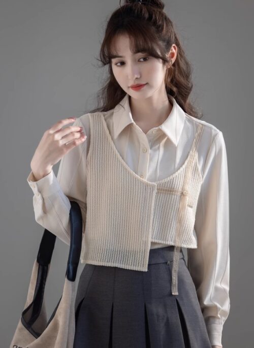 Beige Asymmetrical Spliced Shirt