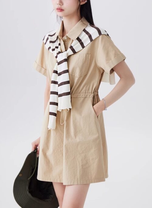 Beige Drawstring Waist Dress With Shawl