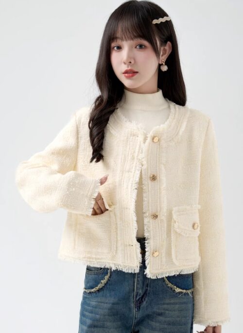 Beige Woolen Fringe Hem Jacket