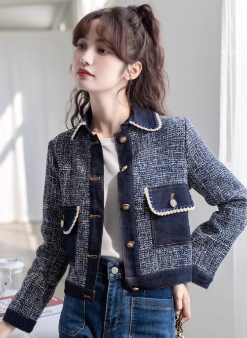 Blue Collared Tweed Denim Jacket