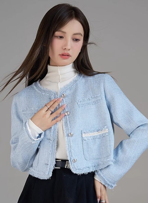 Blue Fringe Tweed Cropped Jacket