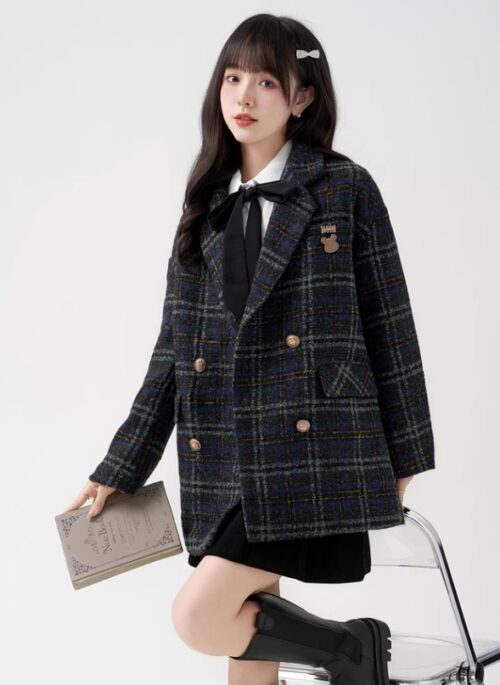 Blue Plaid Woolen Short Coat