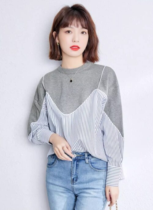 Grey Mock Two-Piece Striped Top