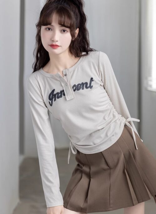 White Drawstrings Long Sleeves Top