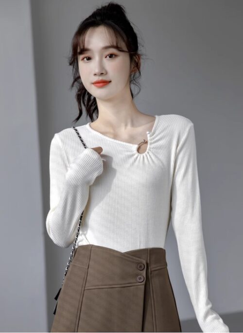 White Irregular Neckline Long Sleeve Top