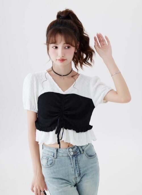 White Ruffled Drawstring T-Shirt