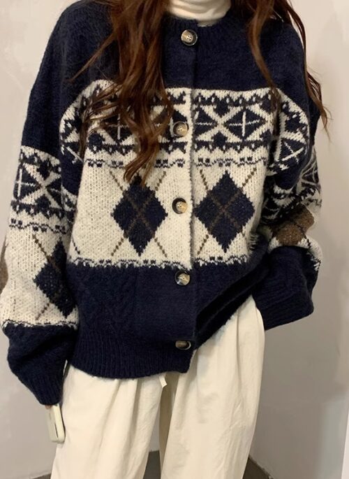 Dark Blue Argyle Pattern Woolen Cardigan | Karina – Aespa