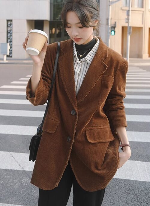 Brown Front Pockets Corduroy Blazer Jacket | Haruto - Treasure