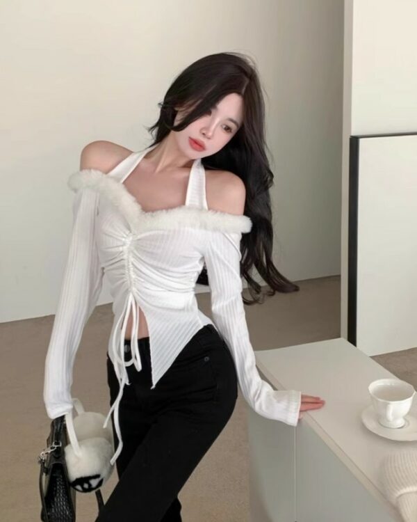 White Fur Off-Shoulder Drawstring Top | Karina - Aespa - Image 5