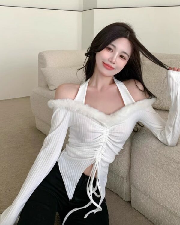 White Fur Off-Shoulder Drawstring Top | Karina - Aespa - Image 3