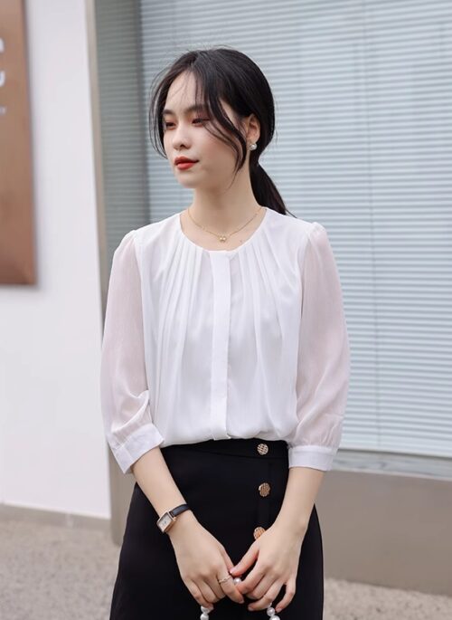 White Pleated Chiffon Blouse | Beomgyu - TXT