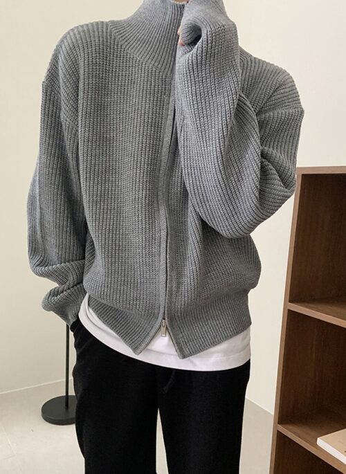 Grey Ribbed Zip-Up Cardigan | Sunghoon – Enhypen