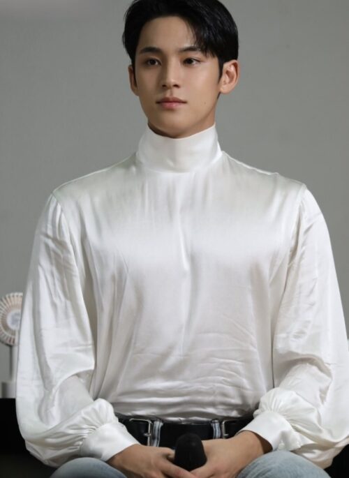 White Mock Neck Lantern Sleeves Blouse | Mingyu - Seventeen