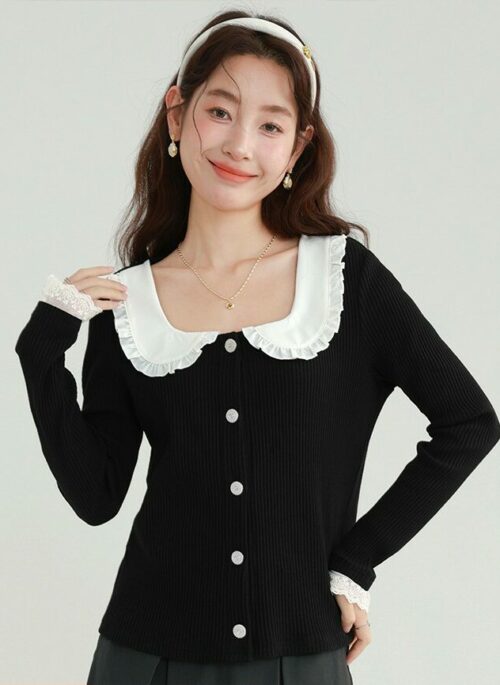 Black Doll Collar Ribbed Cardigan | Joy - Red Velvet