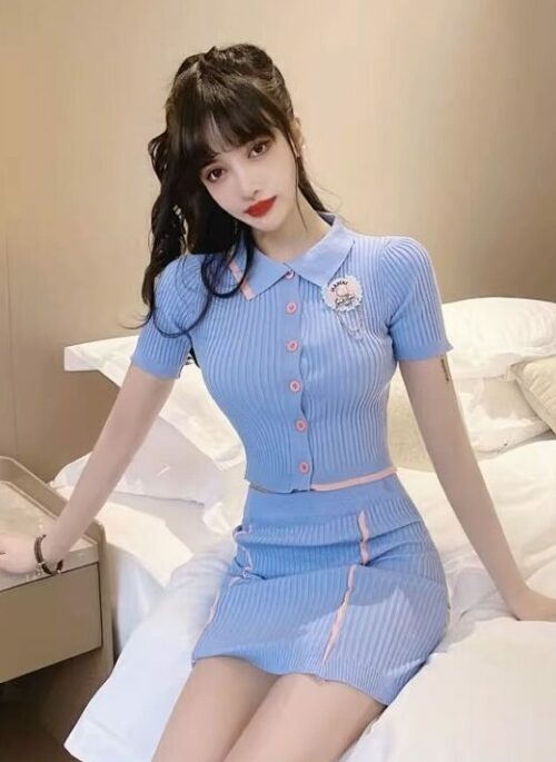 Blue Button Down Polo Shirt And Skirt Set | Yiren - Everglow