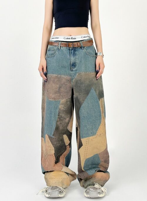 Brown Patchwork Print Jeans | San - ATEEZ