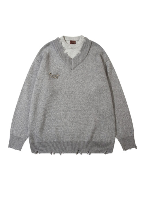 Grey Layered Distressed Sweater | Hyunsuk - Treasure