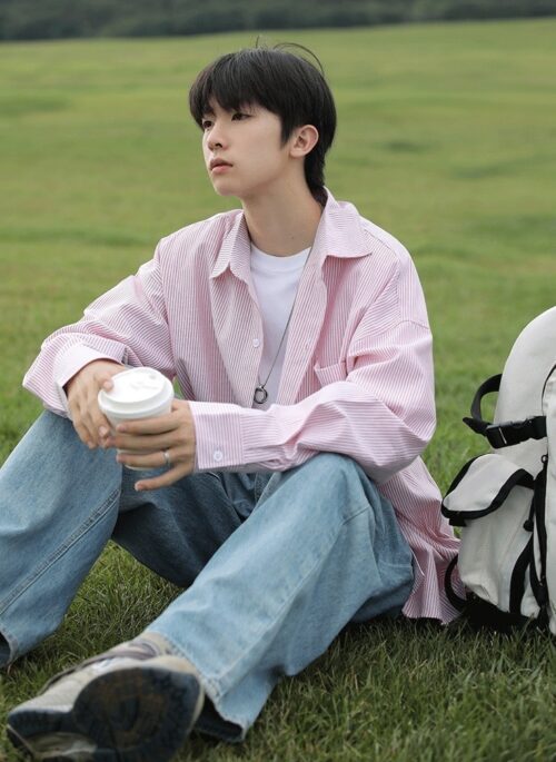 Pink And White Stripes Oversized Shirt | Soobin - TXT