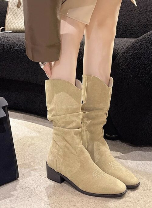 Beige Suede Cowboy Boots | Irene - Red Velvet