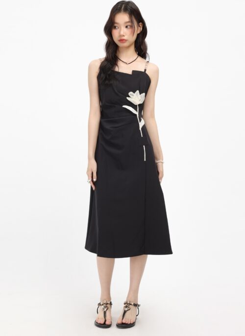 Black Sling Dress With White Waist Flower Design