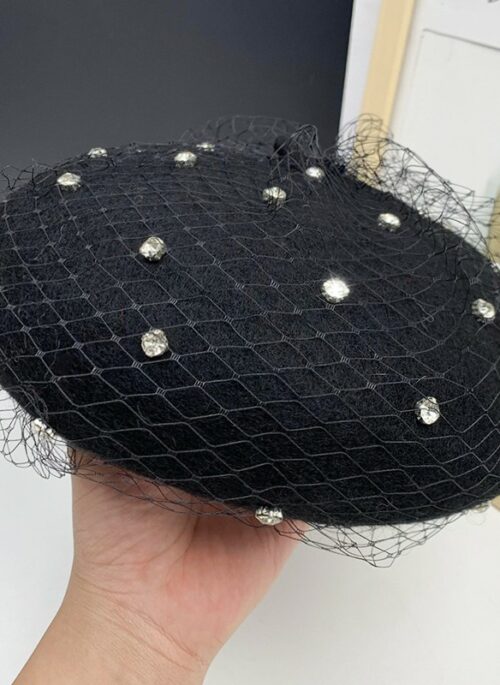 Black Rhinestone Net Beret Hat | Ruka - BabyMonster