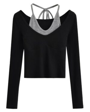 Black Two-Piece Illusion Long Sleeve Top | Pharita - BabyMonster